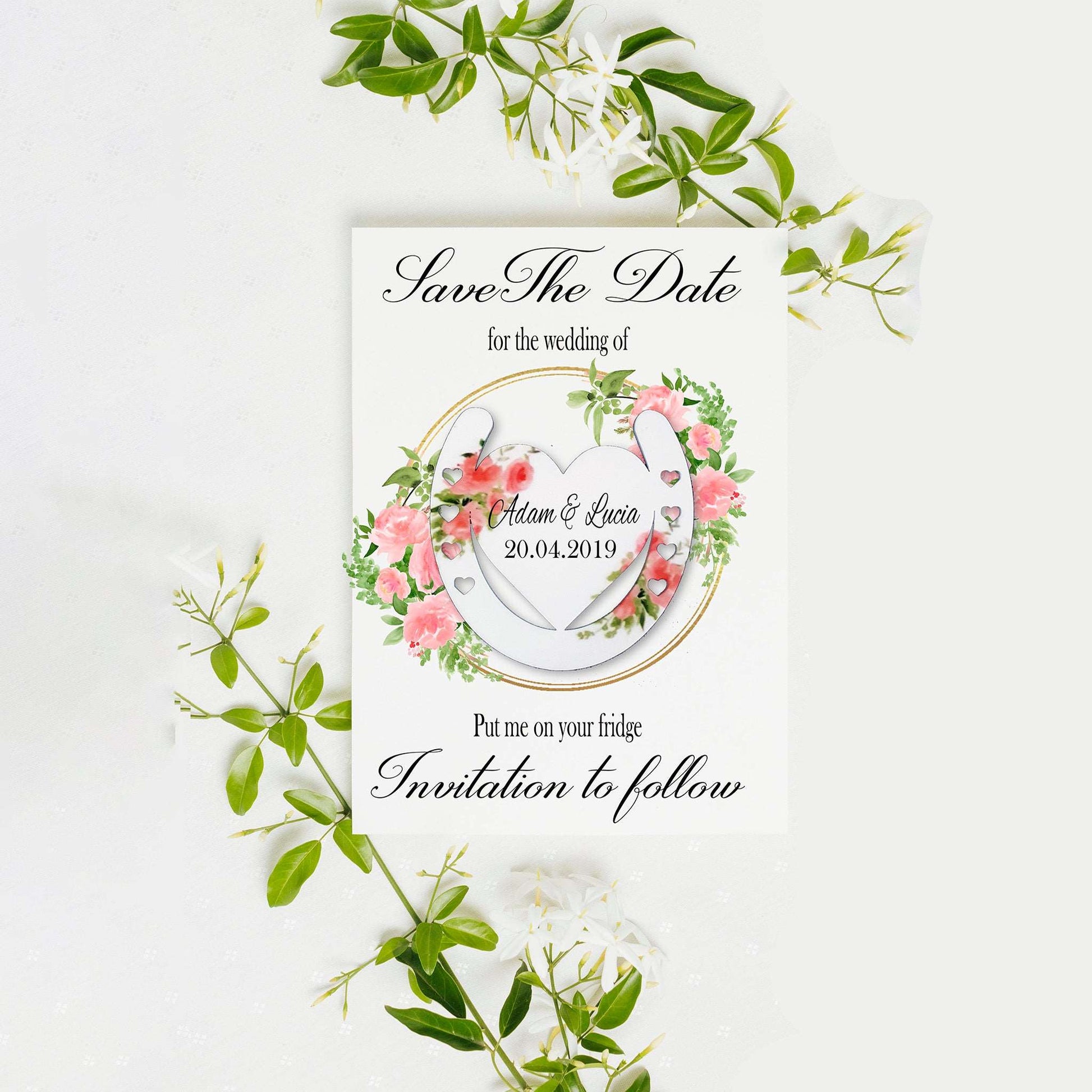 Pink floral Horse Shoe Save the Date