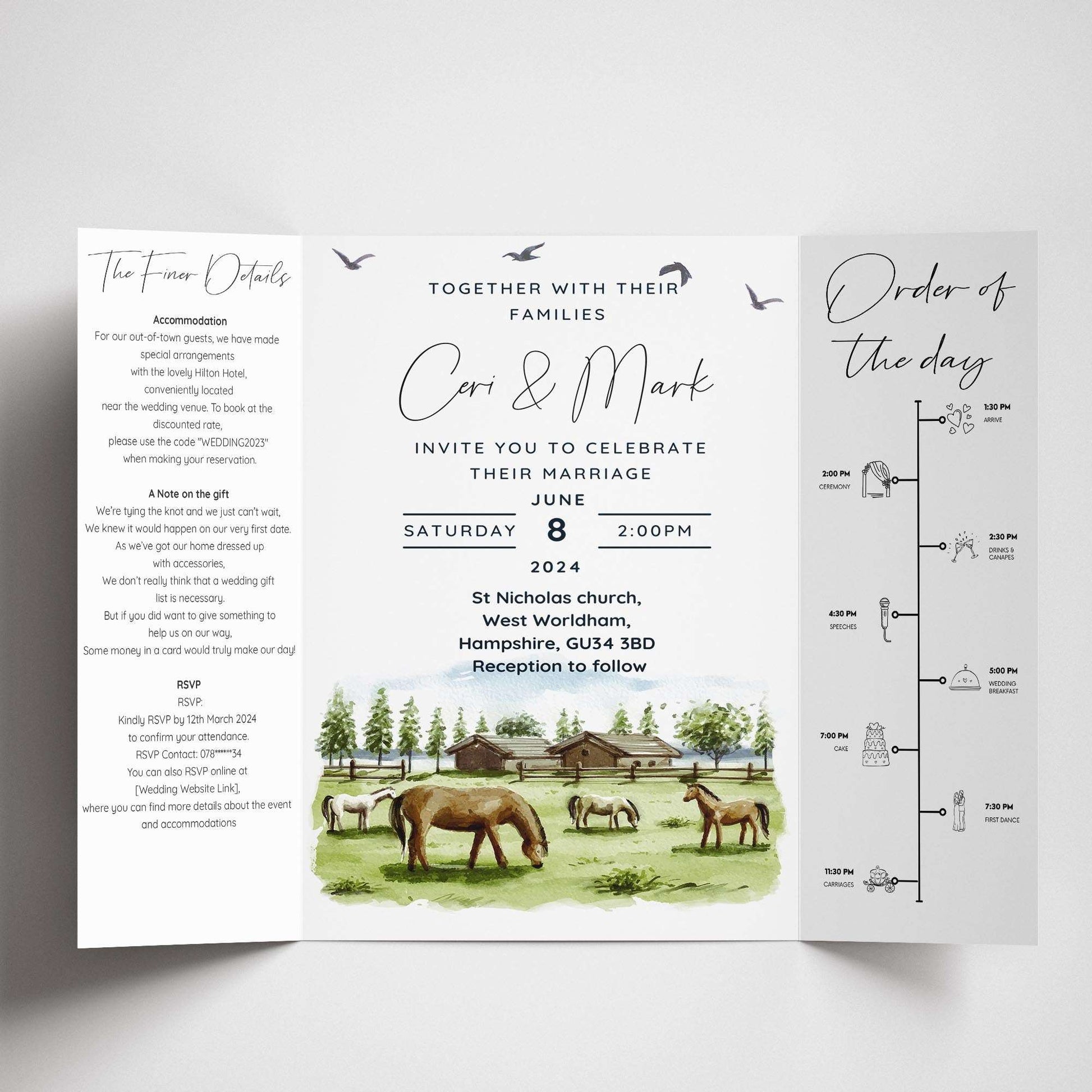 Gatefold Watercolour Horses Invitation